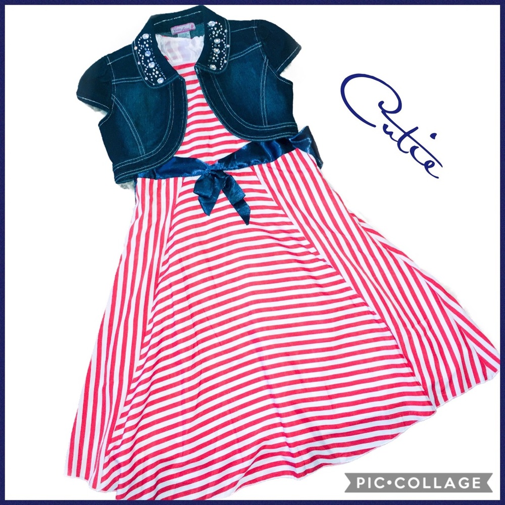 Cutie Fashion Candy Striped Dress/Denim Shrug Sz L