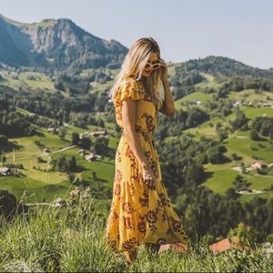 Mustard Yellow Midi Floral Dress