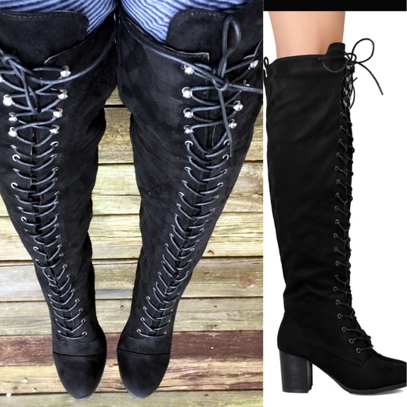 SZ 6 ONLY! Black Suede Lace-Up Knee Boots! NEW! - Picture 2 of 8