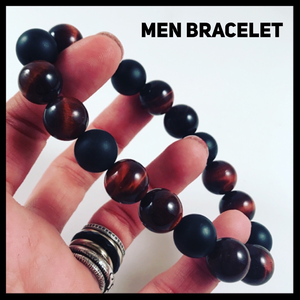 Men or women big 10mm red tiger eye & matte onyx