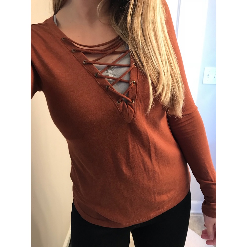 Forever 21 Brown Cross Cross Top Long Sleeve