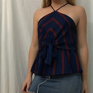 Haltered, blue and red striped shirt