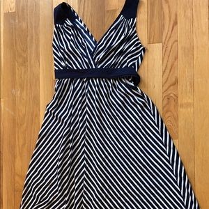 Navy blue and cream striped flowy maternity dress