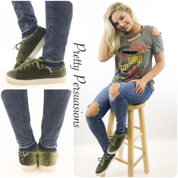 NWT Olive Lace Up Velvet Sneakers - Picture 3 of 3