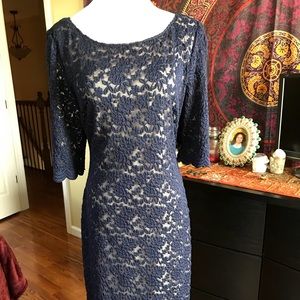 NWOT Navy Blue lace dress with tan lining. Size 14