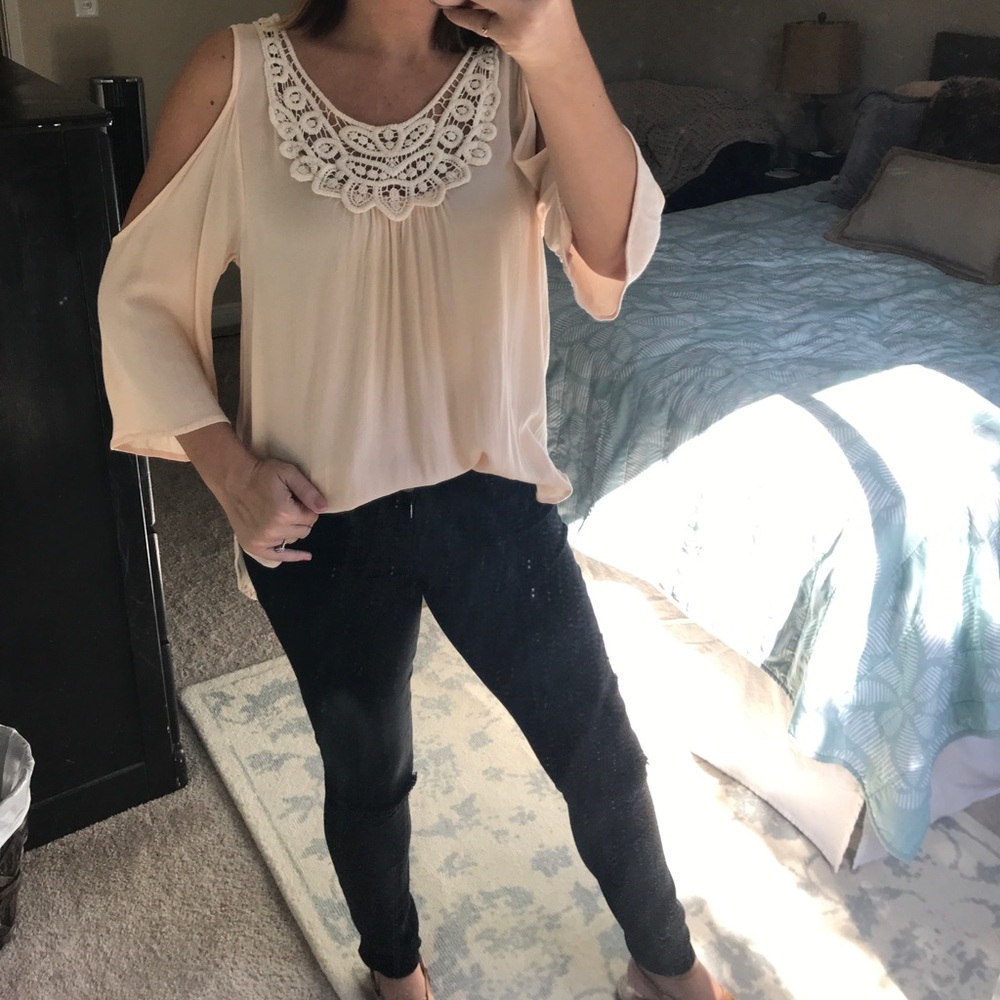 Cold shoulder top with embroidery/lace detail