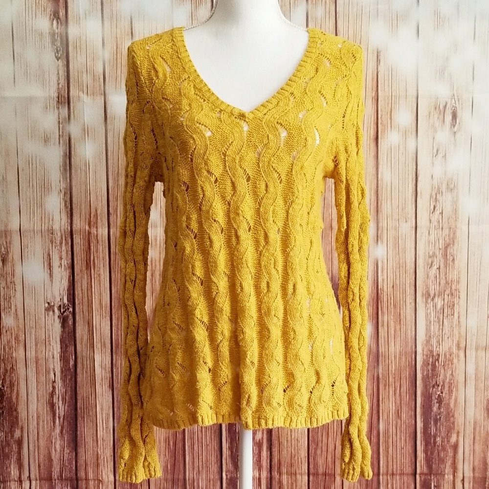 LUCKY BRAND Open Knit V-Neck Long Sleeve Sweater