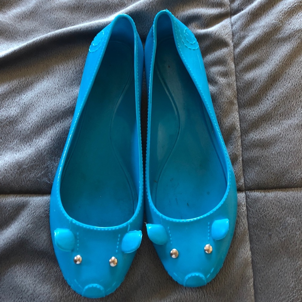 Turquoise plastic “mouse” shoes