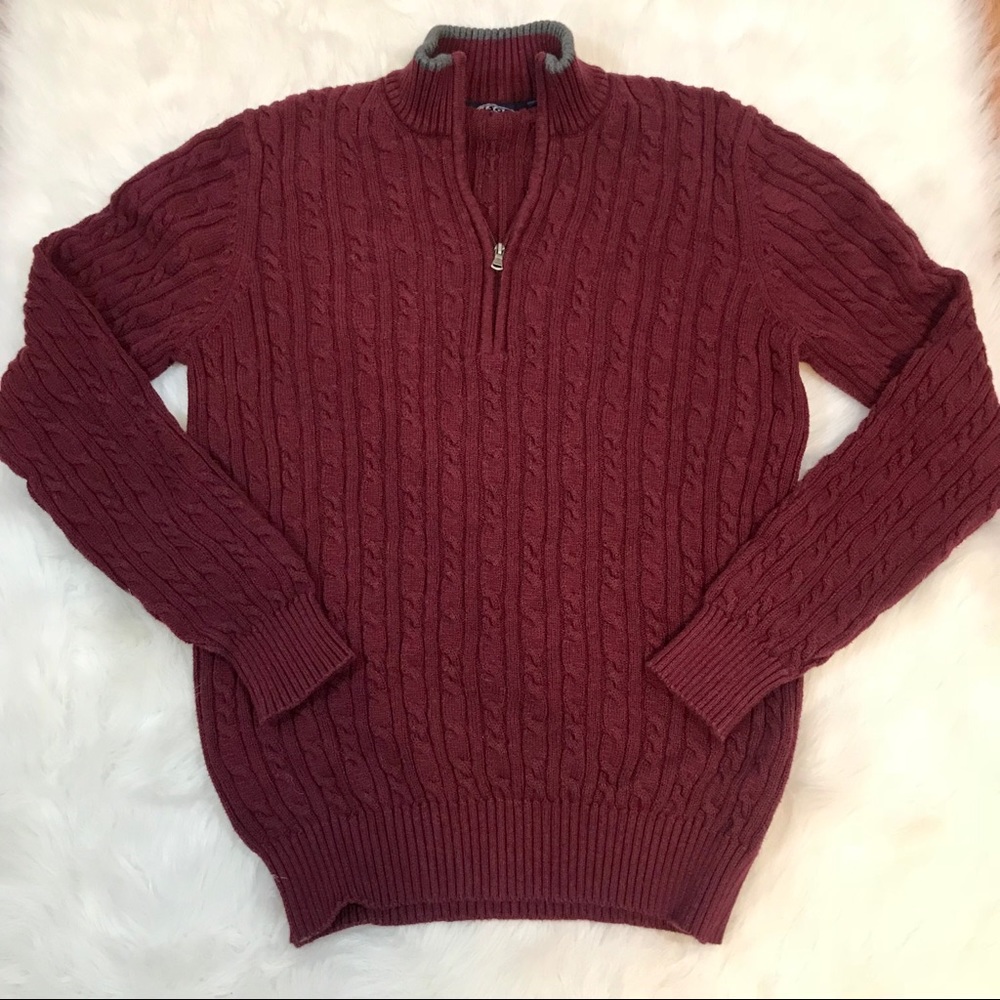 Izod Cable Solid 1/4 Zip Burgandy Sweater Size M