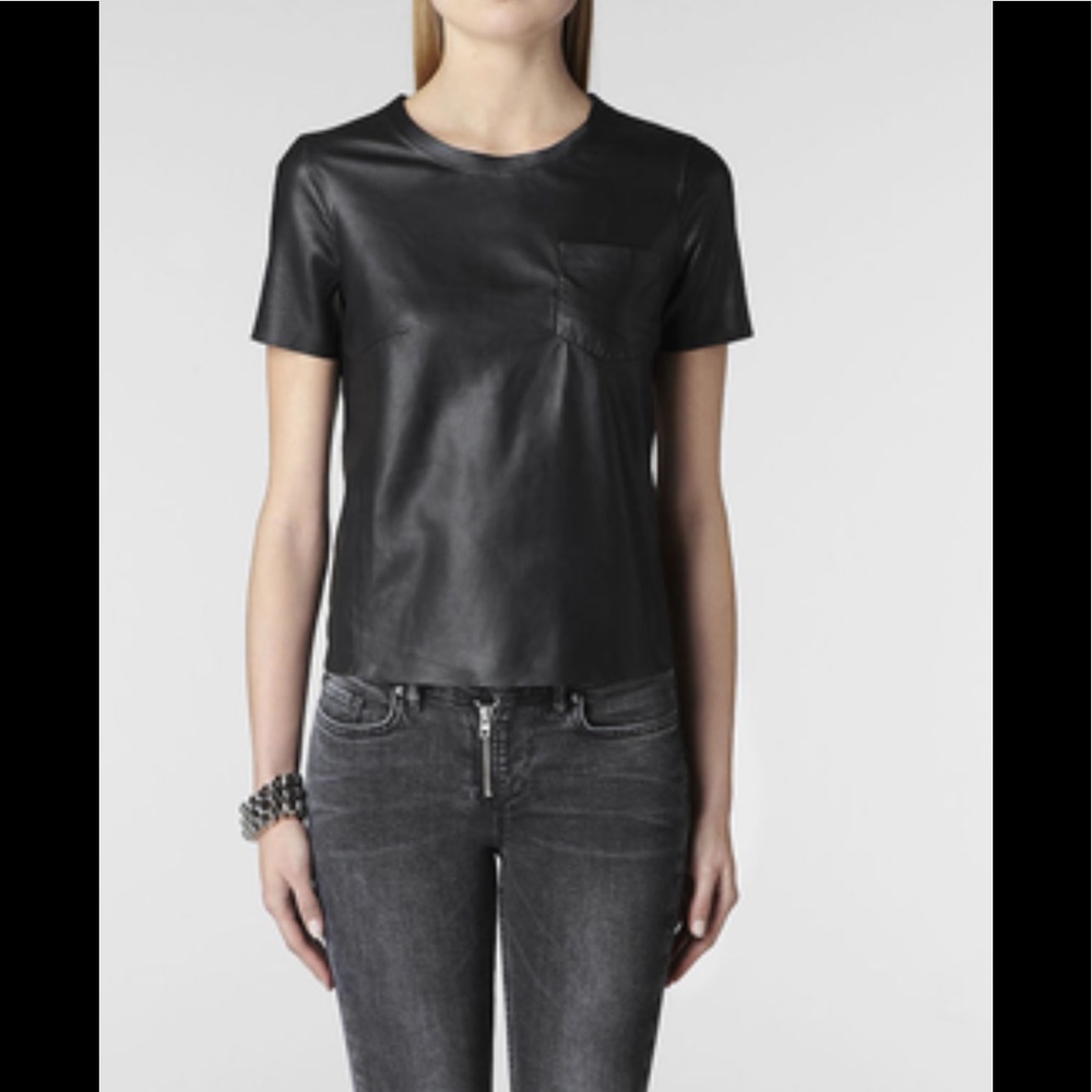 All Saints Simi Leather Tee in Black