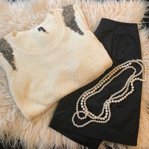 Cream sweater with beaded shoulder detail