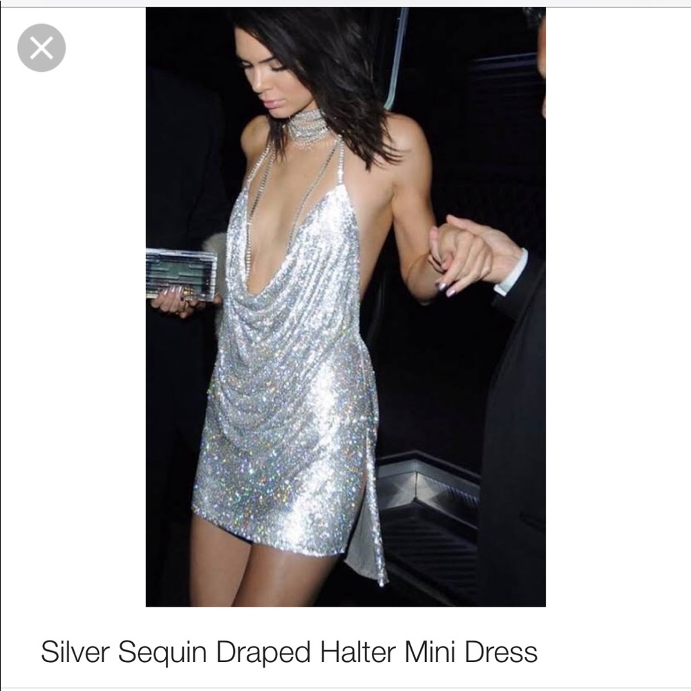 Silver Sequin Draped Halter Mini Dress