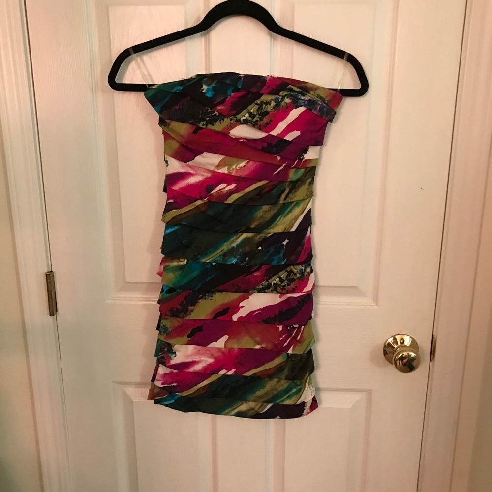Multi-colored strapless dress.