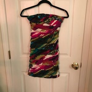 Multi-colored strapless dress.