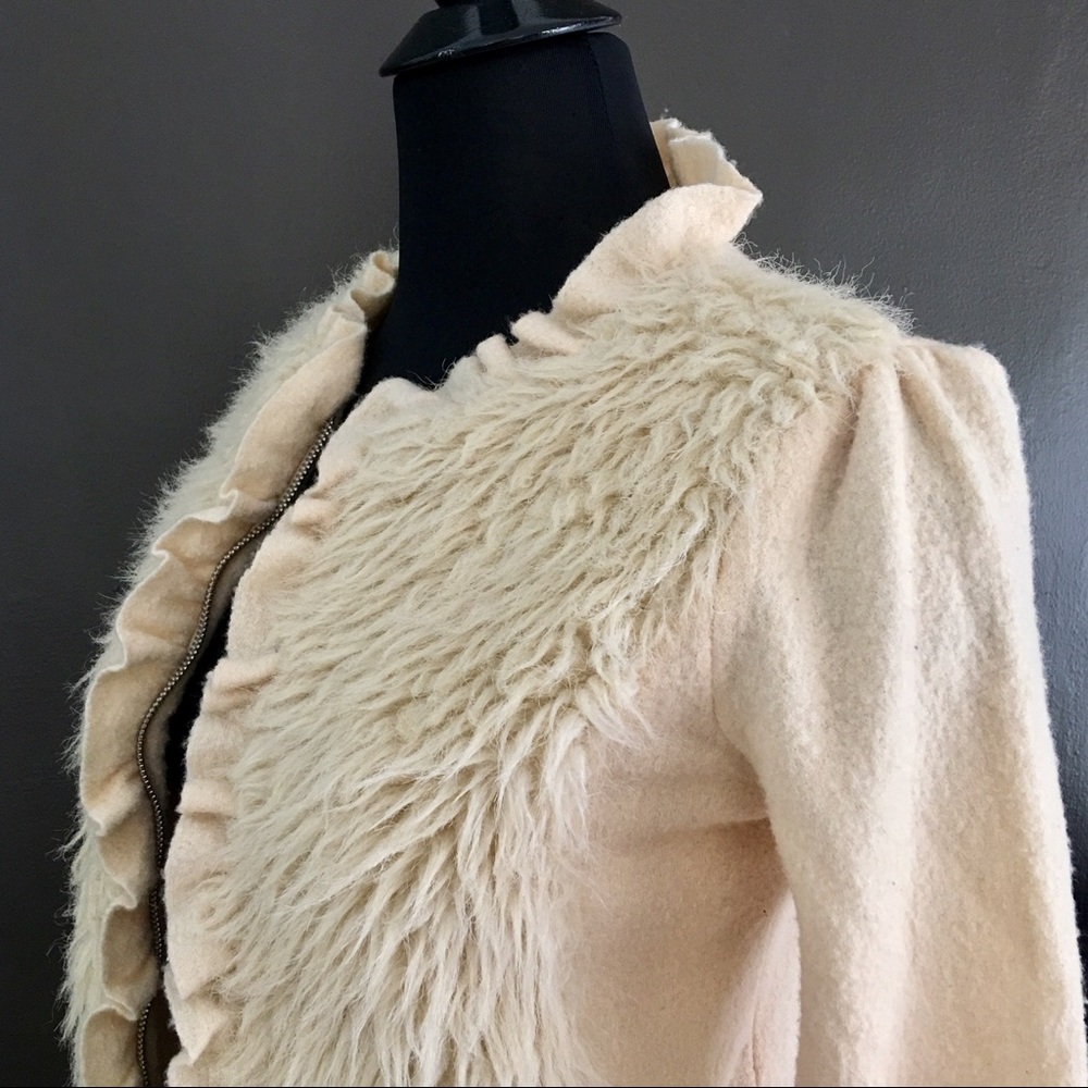 Ivory Faux Fur Wool Sweater Jacket Cardigan- XS