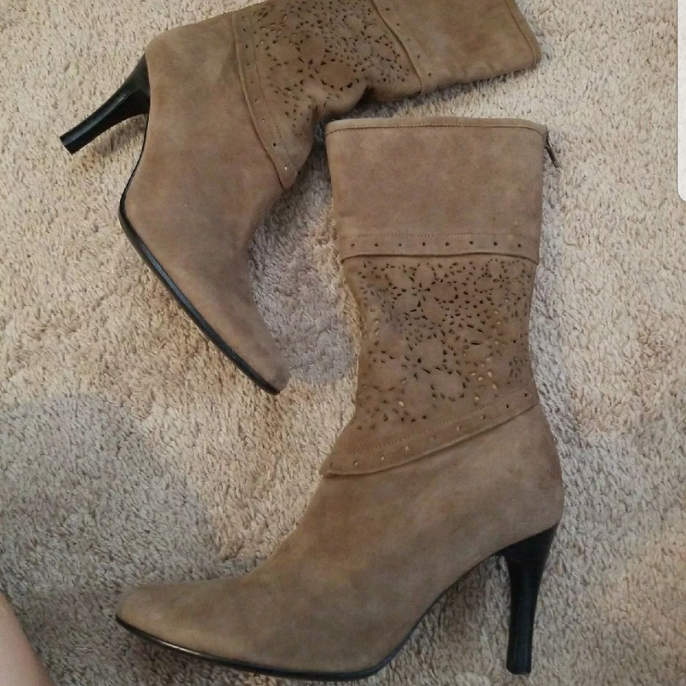 BEIGE SUEDE CALF HIGH HEEL BOOTS