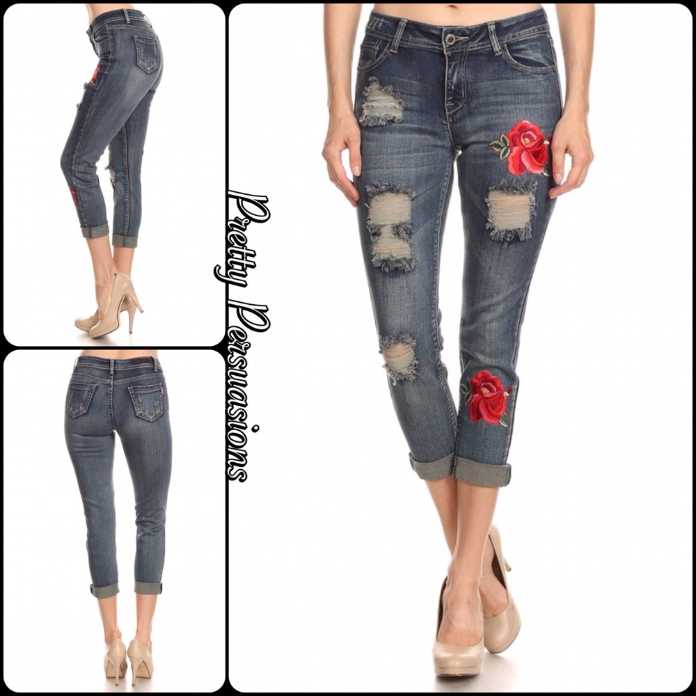 NWT Mid Rise Floral Embroidered Distressed Jeans - Picture 2 of 8