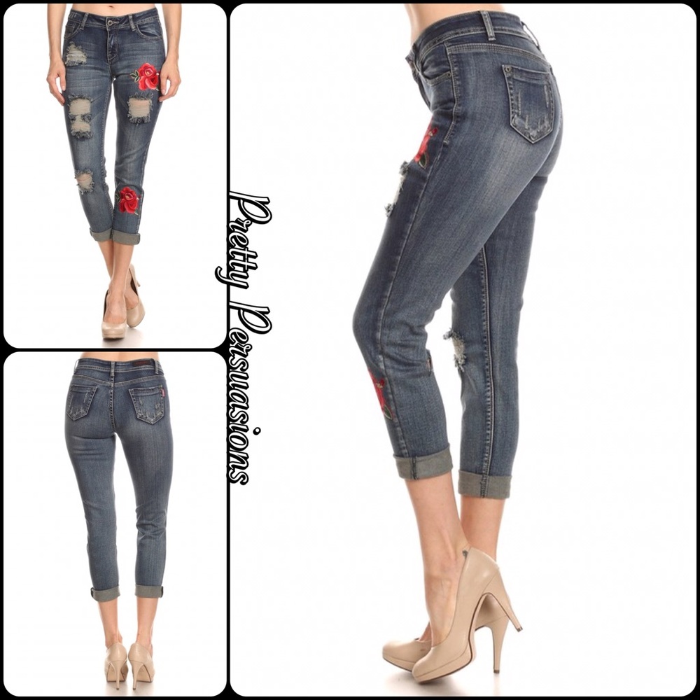 NWT Mid Rise Floral Embroidered Distressed Jeans - Picture 4 of 8