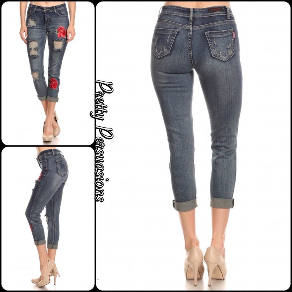 NWT Mid Rise Floral Embroidered Distressed Jeans - Picture 6 of 8