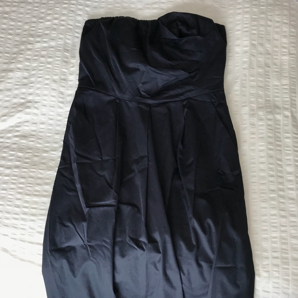 Navy Cotton Strapless Dress, Asymmetrical, 10