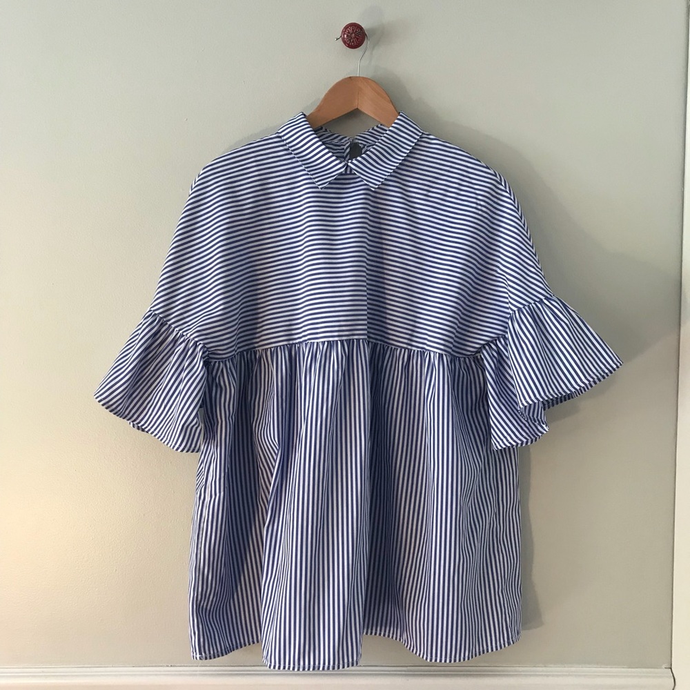 Boutique Blue and White Striped Top. Large