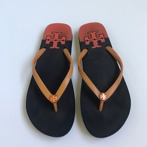 Tory Burch orange and navy blue sandals