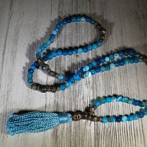 108 6MM Blue Stripe Agate Bead Mala with Larvikite