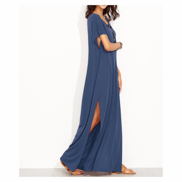 Blue Short Sleeve Oversize Maxi Tee Shirt Dress - Picture 4 of 6
