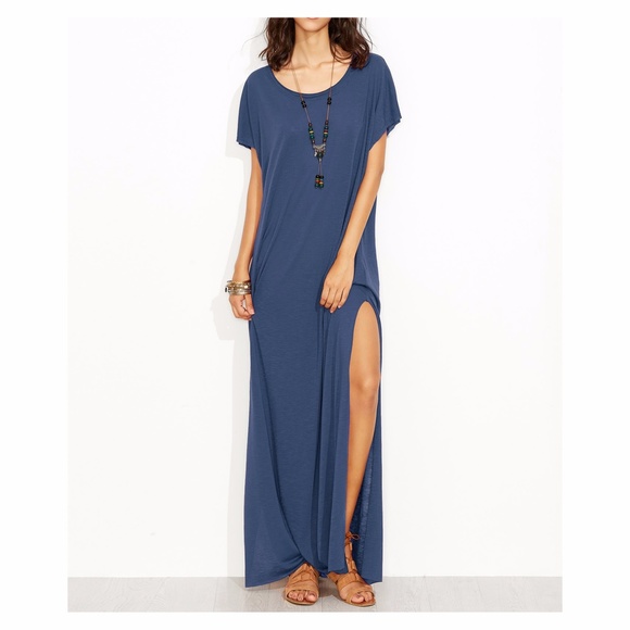 Blue Short Sleeve Oversize Maxi Tee Shirt Dress - Picture 3 of 6
