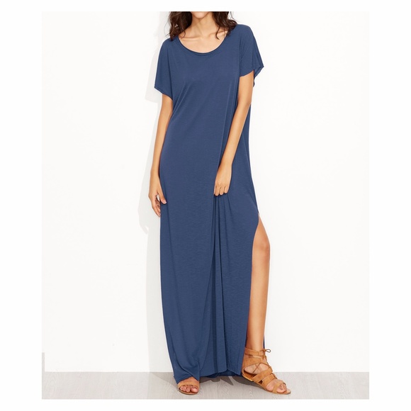 Blue Short Sleeve Oversize Maxi Tee Shirt Dress - Picture 2 of 6