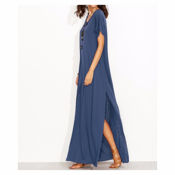Blue Short Sleeve Oversize Maxi Tee Shirt Dress - Picture 5 of 6