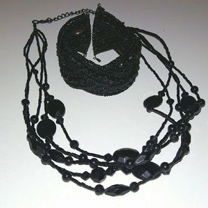 Black bead necklace and bracelet set