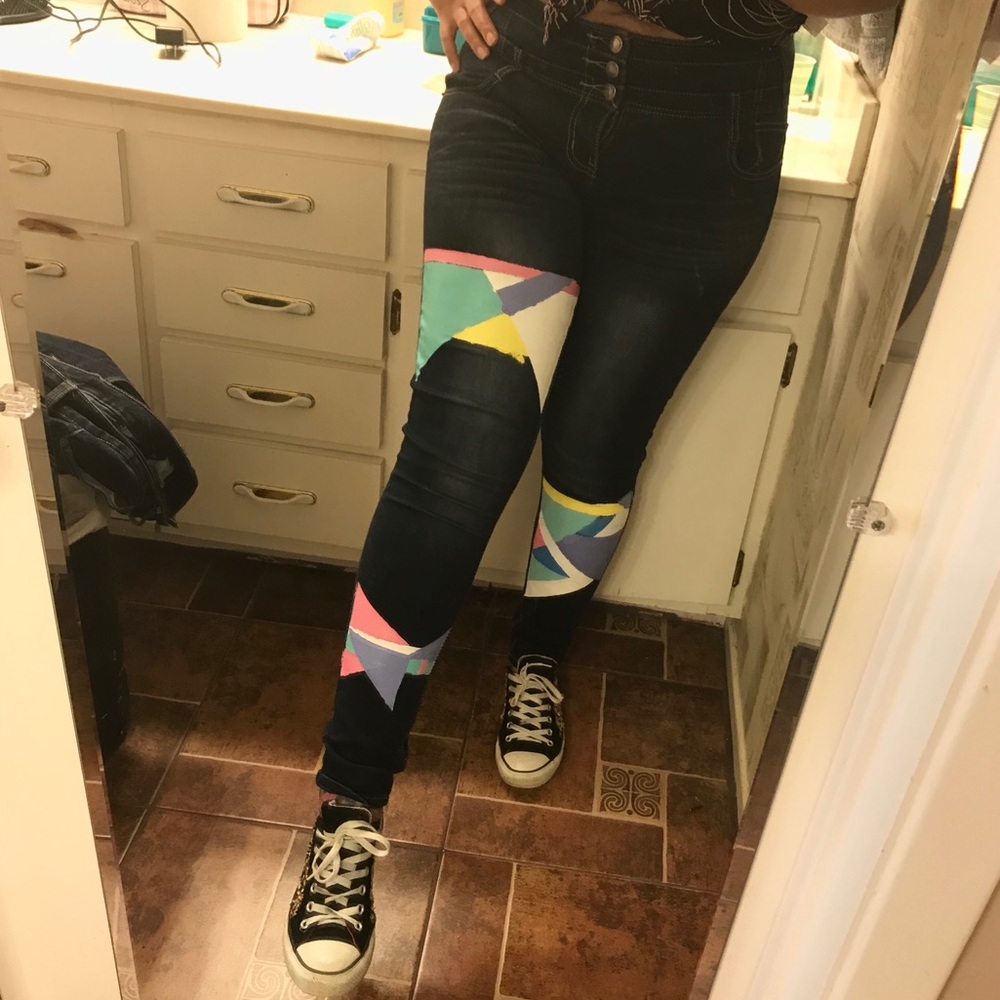 Custom painted geometric design pastel color jeans