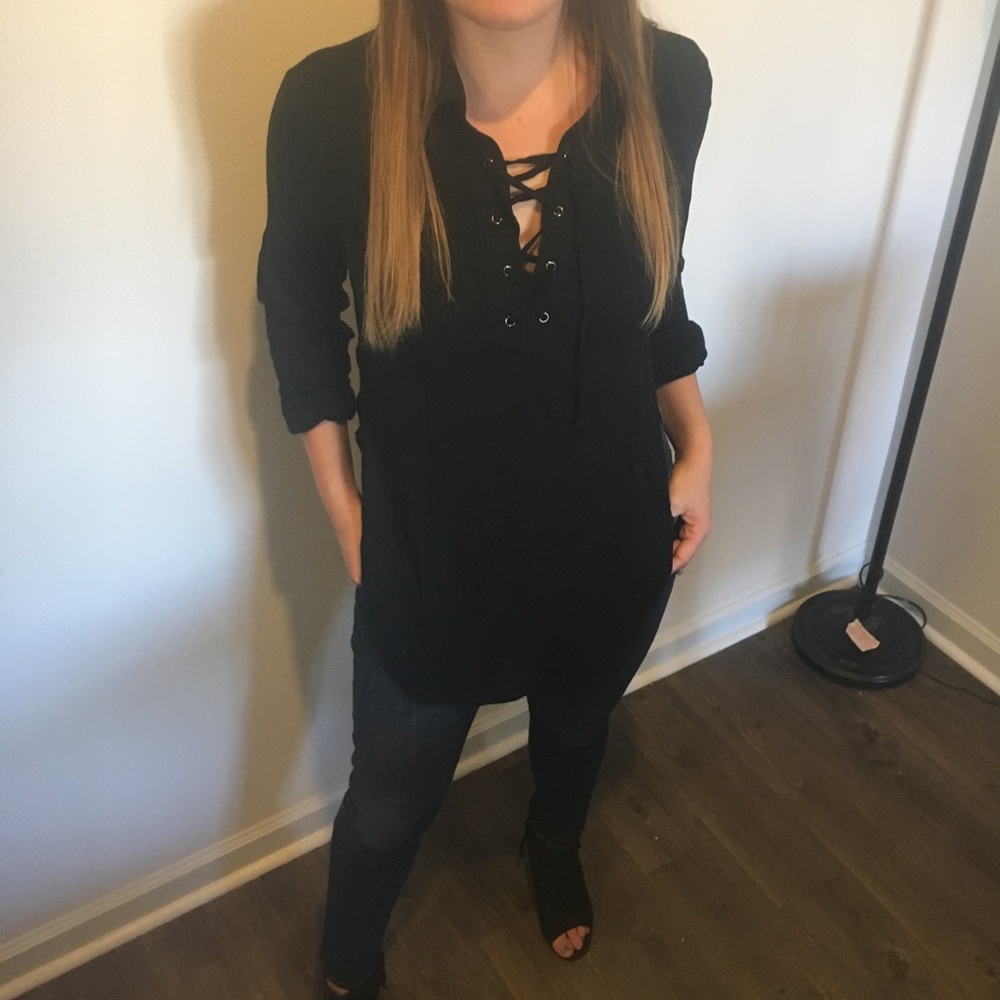 Cute black lace up blouse!