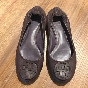 Tory Burch Leather Logo Reva Flats, Aster (Plum)