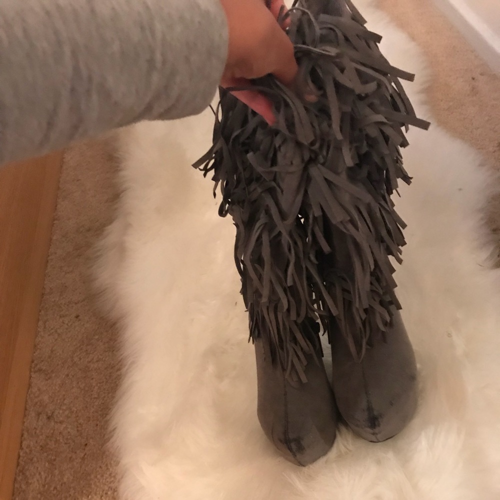 Grey Fringe Heel Boots