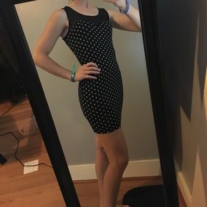 Black and white polka dot dress with mesh top