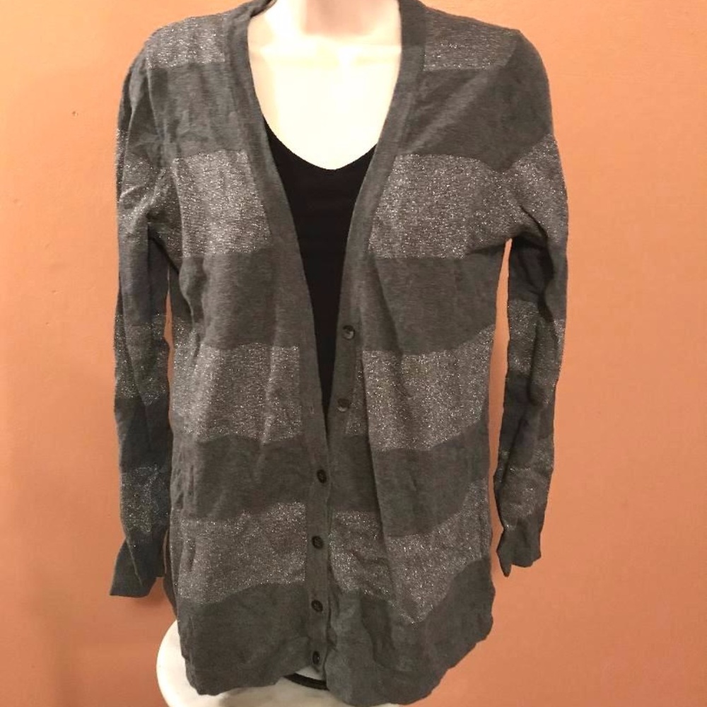 Long Button Front Cardigan Grey / Silver Sparkly L