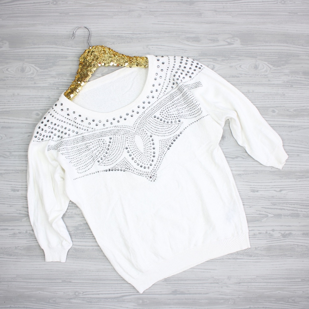 White Rhinestones Embellished Light Sweater - Picture 2 of 5