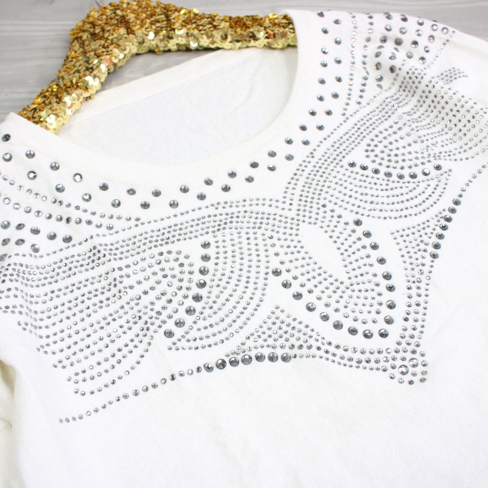 White Rhinestones Embellished Light Sweater