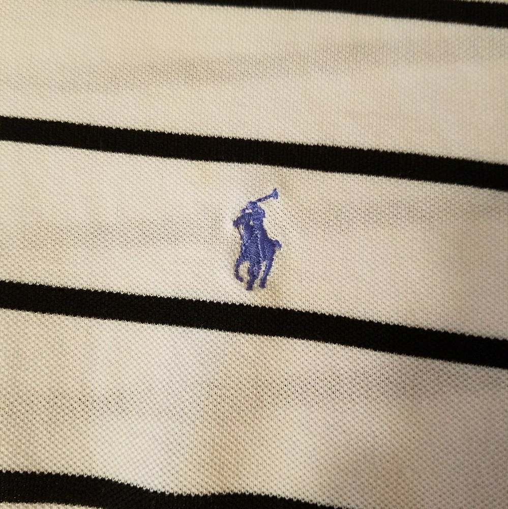 Polo black and white striped with a blue pony