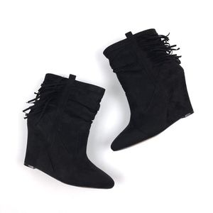 Black Fringe Suede Loras Wedge Bootie Black Fringe Suede Loras Wedge Bootie