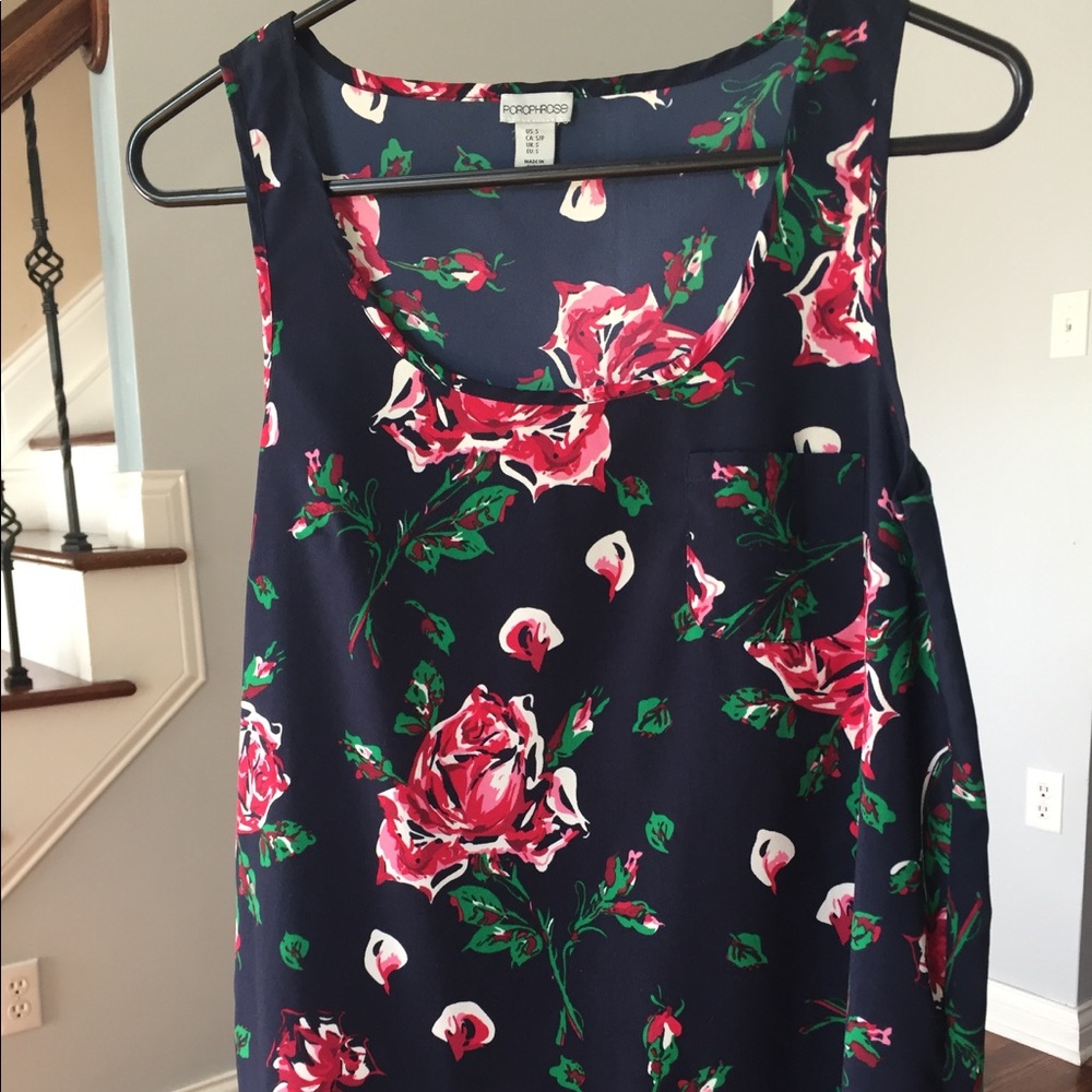 Paraphrase Floral Rose Print Navy Blue Tank Top