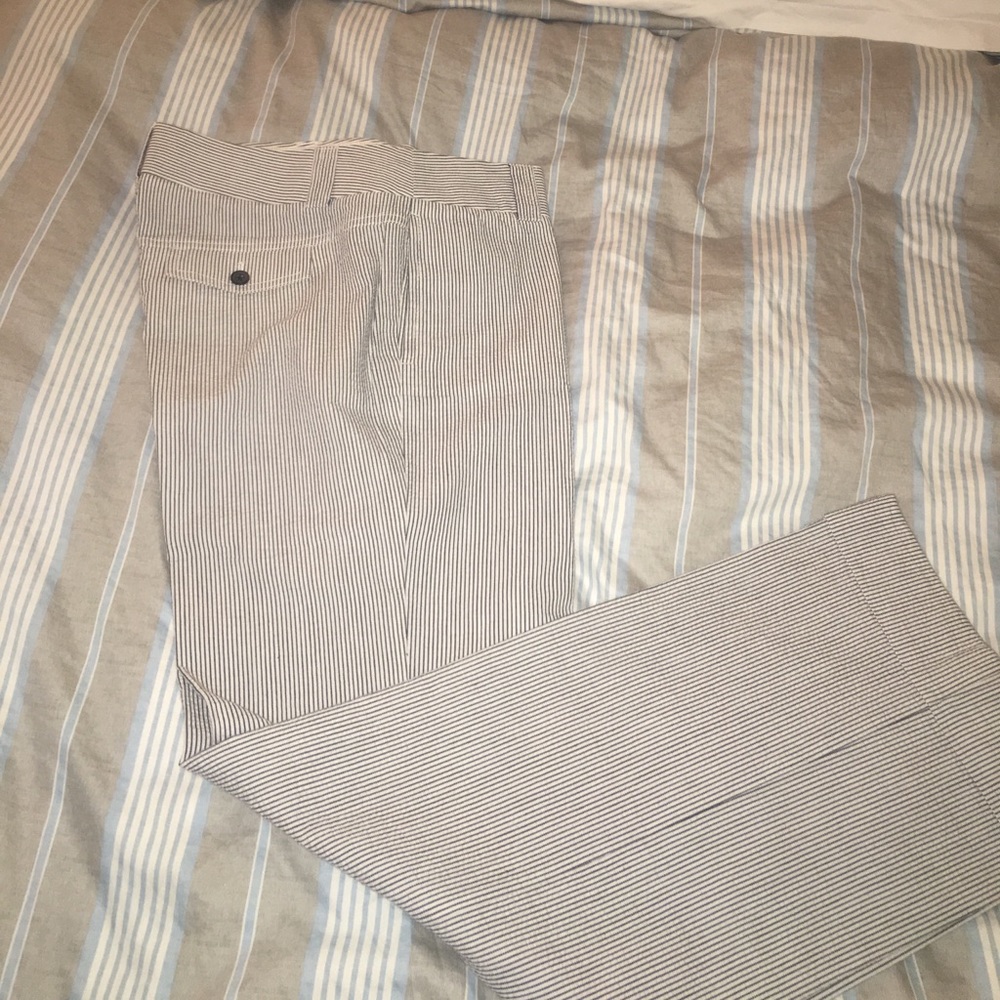 White and blue stripe seersucker pants