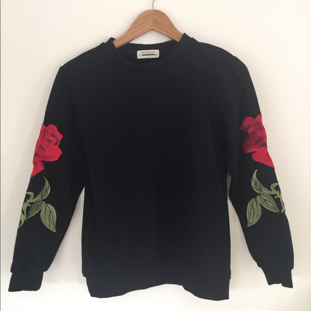 Embroidered Roses Black Sweatshirt—runs small!