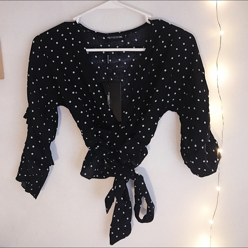 BRAND NEW Black Woven Polka Dot Tie Top ✨