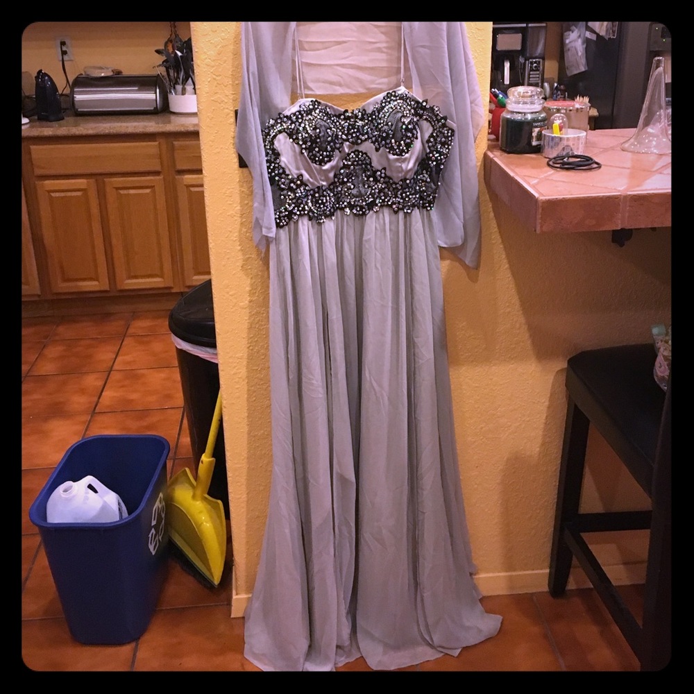 Silver dress with black lace detail bodice