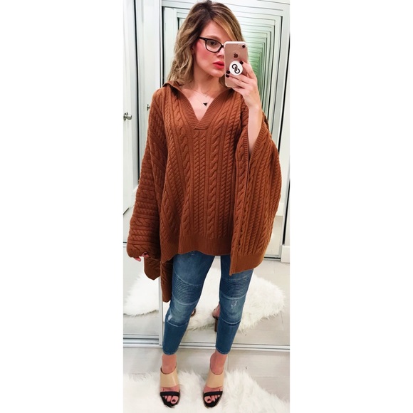 L'AGENCE Sweaters - L’Agence Brown Cable Knit Hooded Poncho