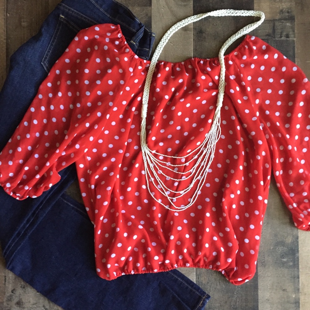 Vince Camuto M Red & White Polkadot Off Shoulder