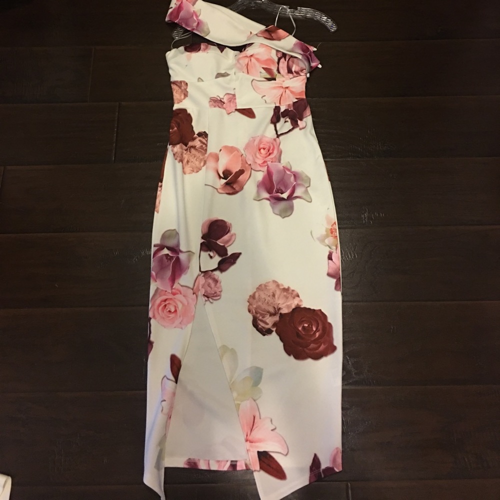 Floral cross shoulder slit dress